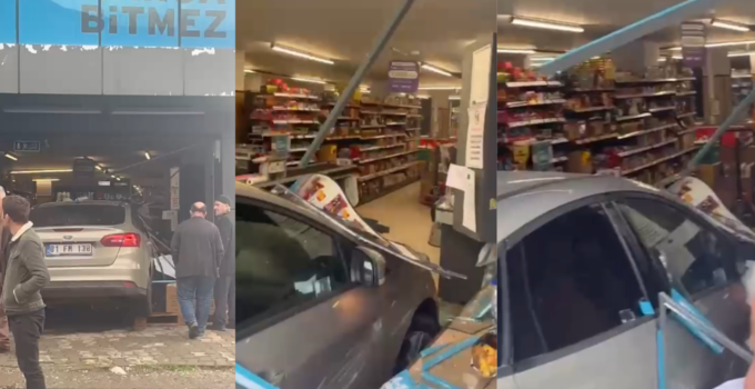 Gölyaka Sapağı’nda Feci Kaza: Sürücü Kontrolü Kaybedince Araç Marketin İçine Daldı!